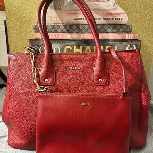 Furla TWO Red Leather Tote Bag and a small Furla cross body